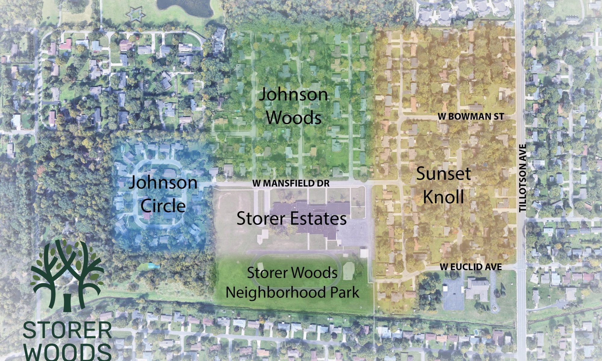Map of the Neighborhood area showing the former neighborhoods that have combined to make up Storer Woods