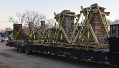 The Wheeling/Cowing monuments loaded on a flatbed for transport