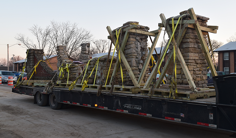 The Wheeling/Cowing monuments loaded on a flatbed for transport