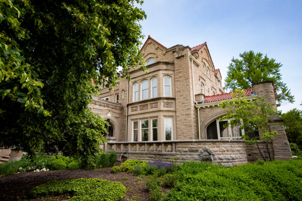 A view of the EB and Bertha C. Ball mansion as seen from the lawn