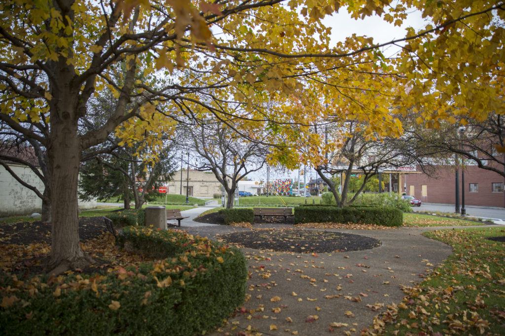 A view down a sidewalk of one of Muncie's neighborhoods in the fall.